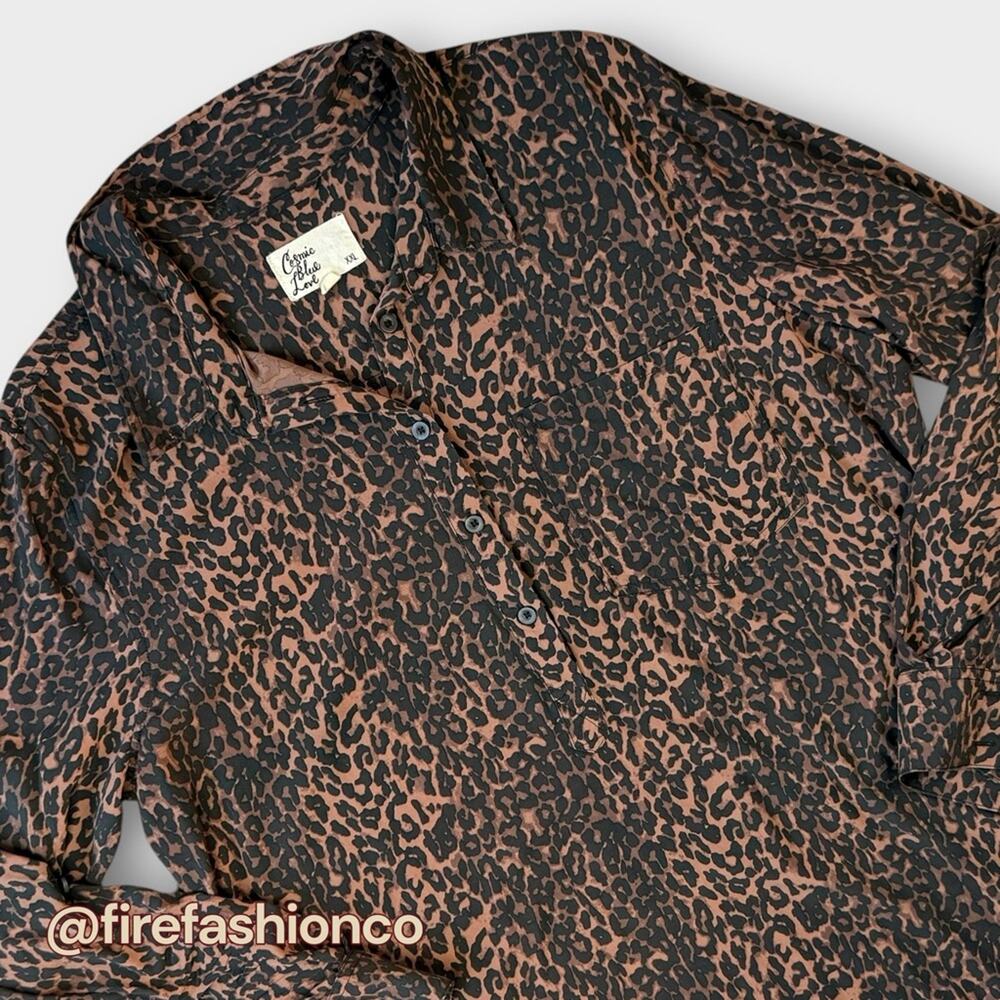 Cosmic Blue Love Boho Animal Print Button-Up Blouse Brown Black XXL Rayon - Picture 3 of 8